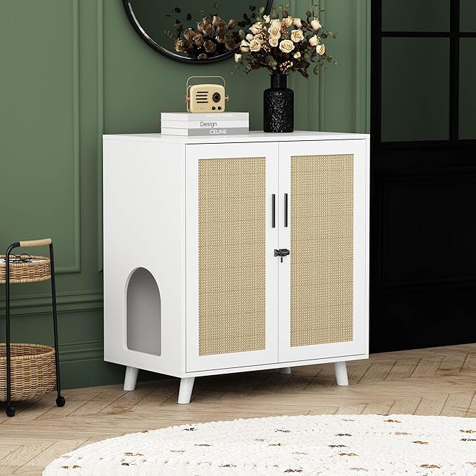 Lovinouse Large Cat Litter Box Enclosure,Hidden Kitty Litter Furniture with Sisal Covered Doors,2-Layer Wooden Cat Washroom Cabinet w/Adjustable Shelf, Side Table for Living Room,White-Mewly Pet