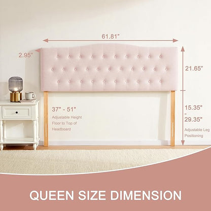 Tufted Upholstered Headboard Queen Size, Sturdy and Durable Solid Wood Bed headboard, Fabric Headboard Adjustable Height from 37” to 51”, Modern Button Diamond Design Head Board, Pink