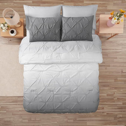 7 Piece Comforter Set Bed in a Bag Ombre Pintuck Design All Season Soft Down Alternative Bedding Comforter Set & Luxurious Matching Bed Sheets & Pillow Shams, Ombre Pintuck Gray, Queen