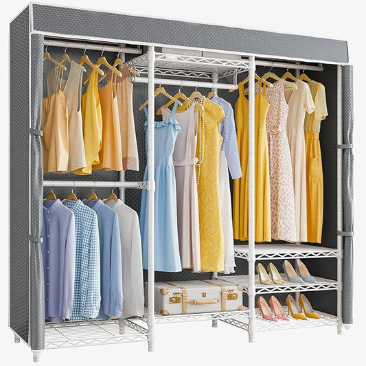 VIPEK V5C Medium Covered Clothes Rack Heavy Duty Portable Closet Wardrobe, Freestanding White Clothing Rack with Grey Upgarded Polyester Cover, Adjustable Custom Closet Rack, 57.9" Lx17.3 Wx76.4 H