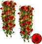 RECUTMS Hanging Flowers Artificial Hanging Rose Flower 2PCS 3.3Ft for Outdoors with 30 LED Fairy String Lights for Indoor Wall Wedding (Red)