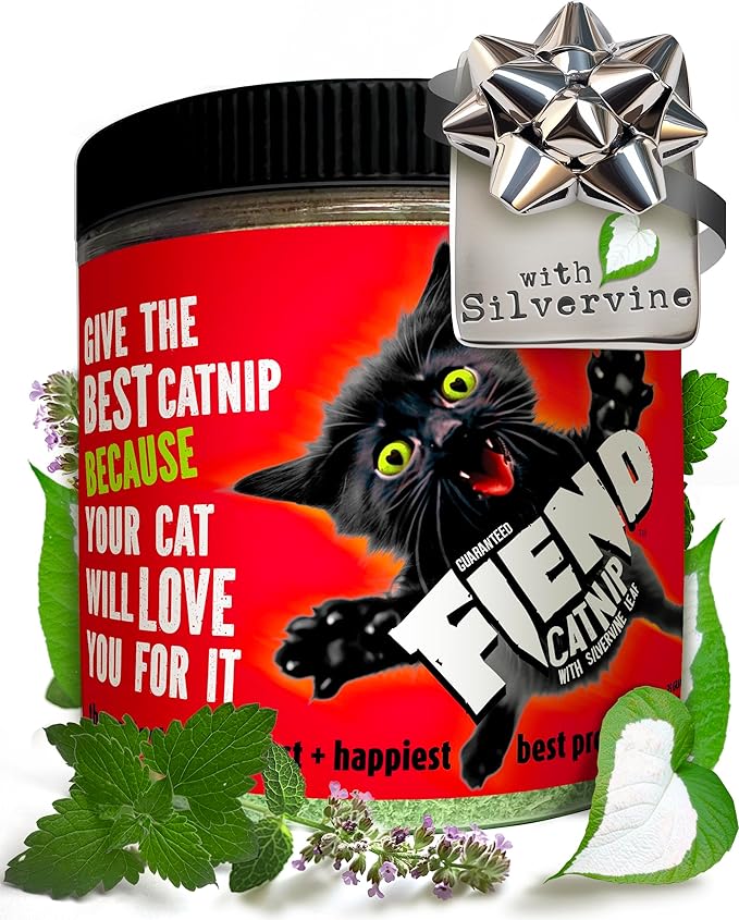 Fiend Catnip + Silvervine for Cats & Kittens Safety-Cut Premium Fine Cat Nip Blend with Vegan Silvervine + Sticker – Ultra Potent, North American – 1 Cup (34.5g) Go Ahead, Create a Monster!-Mewly Pet