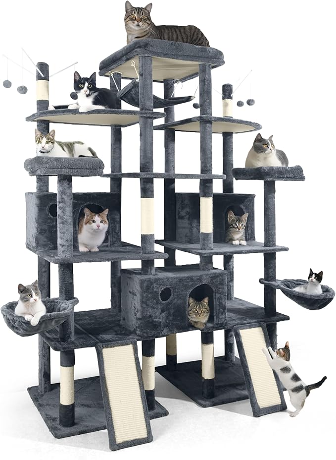 Extra Large 80-Inch Tall Cat Tree w/Widened Perch for Large Cats, Big Cat Tower Indoor, Modern Multi-Level Activity Tower with Scratching Posts, Condos, Baskets, Hammock, Scratching Ramps-Mewly Pet