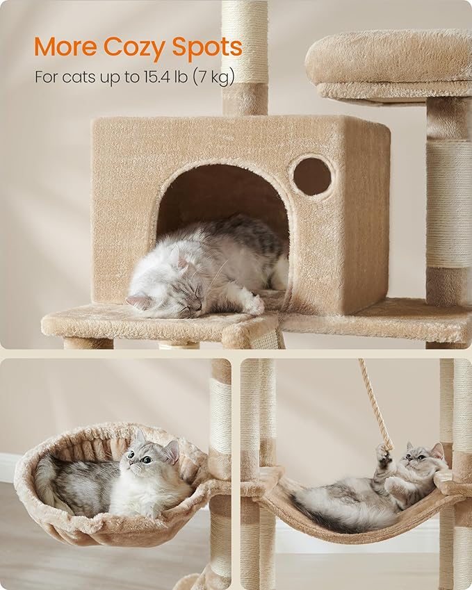 Feandrea Cat Tree, 81.1-Inch Large Cat Tower with 13 Scratching Posts, 2 Perches, 2 Caves, Basket, Hammock, Pompoms, Multi-Level Plush Cat Condo for Indoor Cats, Camel Brown UPCT190K01-Mewly Pet