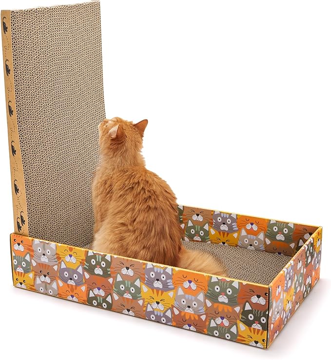 Set of 2 Cardboard Cat Scratchers, 6 Pcs Corrugated Cat Scratch Pad with 2 Boxes, Cute Reversible Kitty Sofa Bed, Refillable Wave Shaped Lounge, Interactive Kitten Toy for Indoor Cats-Mewly Pet