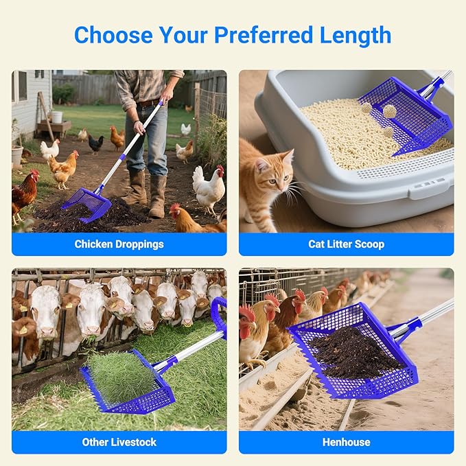 Chicken Poop Scooper Rake 2-in-1, Metal Shovel Head Chicken Coop Accessories, Adjustable 304 Stainless Steel Handle, Litter Scooper Sand Sifting for Chicken Coops Small Farm Animals(36" to 62")-Mewly Pet
