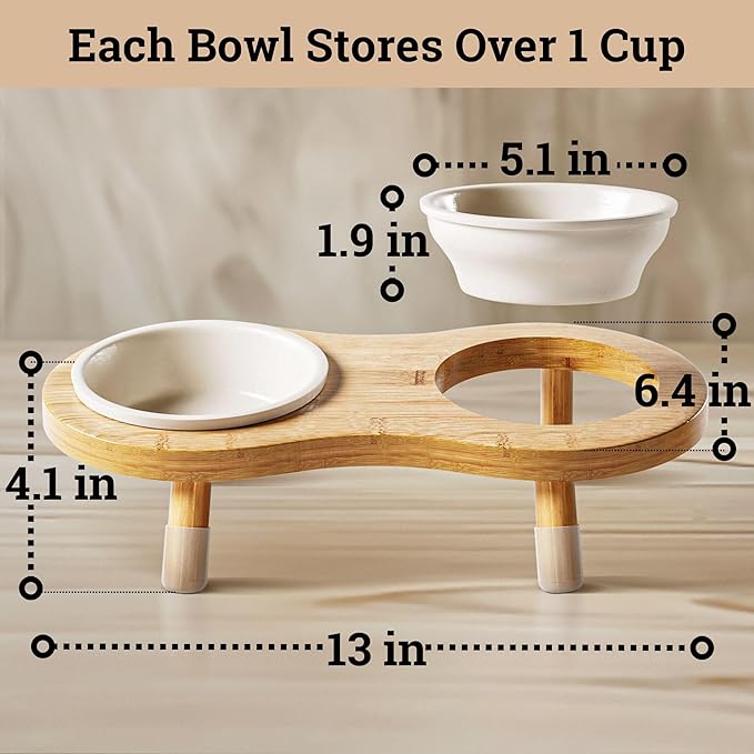 Elevated Cat Bowls - Set of 2 Ceramic Pet Food Bowls with Anti-Slip Bamboo Stand - 15 Degree Titled - Raised Dog Bowl for Small Dogs - Raised Cat Bowl Stand - Pet Feeding Station for Cats & Small Dogs-Mewly Pet
