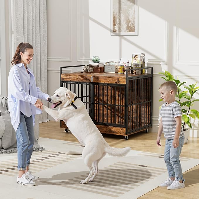 Dog Crate Furniture Large Breed with 2 Stainless Steel Bowls, Large Wooden Dog Crate Table, Escape-Proof & Chew-Proof XL Furniture, Decorate House As TV Stand, End Table, 45" L X 30" W 37" H-Mewly Pet