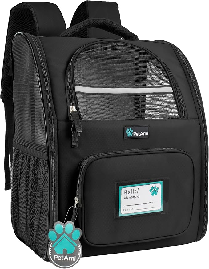 PetAmi Dog Backpack Carrier for Small Large Cat, Pet, Puppy, Ventilated Pet Hiking Backpack Travel Bag, Airline Approved Cat Backpack Carrier, Camping Biking Dog Bag Up to 18lbs Pet, Black-Mewly Pet
