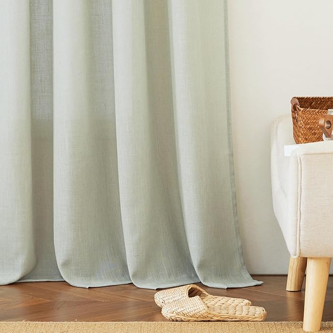 RYB HOME Vertical Linen Curtains Natural Texture - Airy Semi Sheer Drapes with Privacy Assured Modern Farmhouse Style for Living Room Dining Room Kitchen, W 100 inch x L 90 inch, Sage Green, 1 Pc