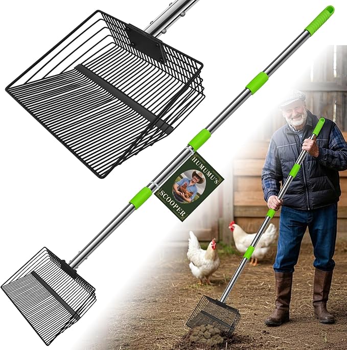 12inch Large Chicken Poop Scooper，2 Widths of Slots Litter Sifting Shovel （23 to 66"），Chicken Coop Litter Scoop with Stainless Steel Handle, 4 in 1 Multifunctional Heavy Duty Chicken Coop Accessories-Mewly Pet
