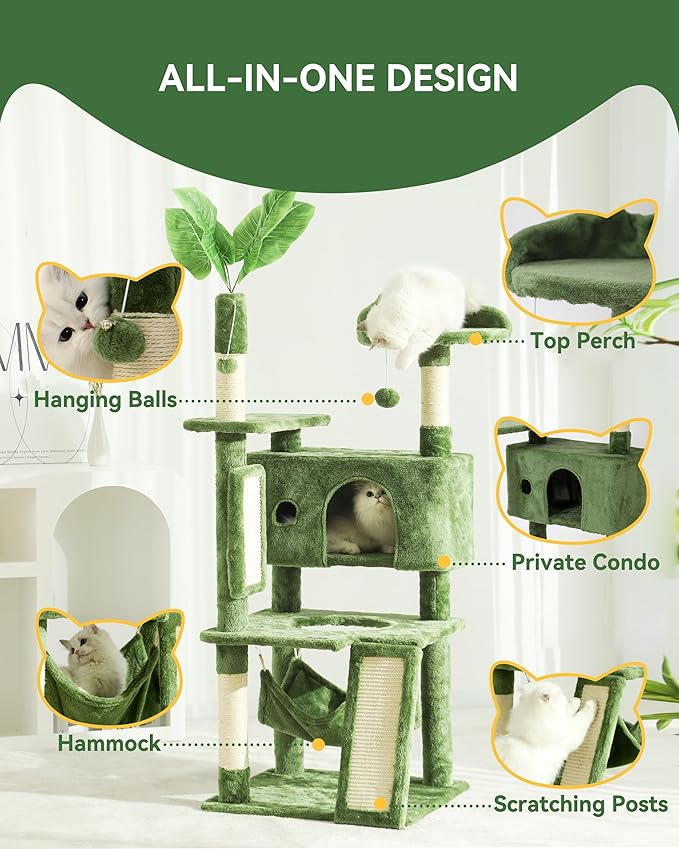 Hoopet 63IN Cat Tree Tower for Indoor Cats Large Adult, Cat Scratching Posts Featuring with Scratching Boards, Wide Plush Perch and Interactive Dangling Balls Ideal for Multi-Cat Households-Mewly Pet
