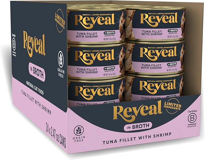 Reveal Natural Wet Cat Food, 24 Count, Grain Free, Limited Ingredient Canned Food for Cats, Tuna Fillet with Shrimp in Broth, 2.47 oz Cans-Mewly Pet
