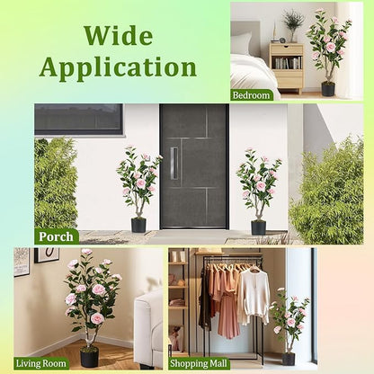 GOFLAME 3FT Artificial Camellia Tree, 2 Pack Faux Camellia Plant with Pink Flowers, Solid Wood Trunk, Realistic Moss, Greenery Potted Decoration Tree for Indoor Outdoor Home Porch Front Door