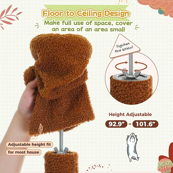 PEQULTI Floor to Ceiling Cat Tree 92.9’’-101.6’’ Height Adjustable Mushroom Cat Tower Tall Climbing Play House with Scratching Posts, Cozy Condo, Perches and Large Hammock for Indoor Cats Brown-Mewly Pet