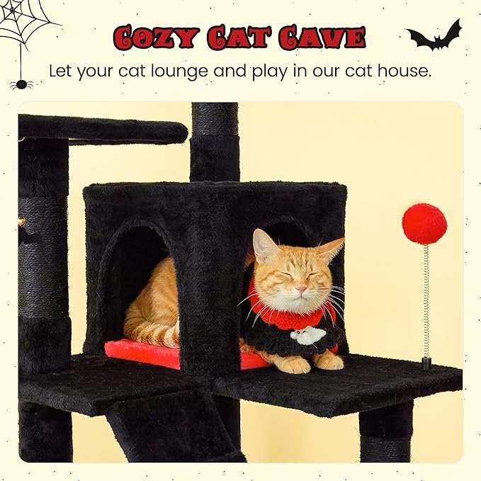 MWPO Gothic Cat Tree for Indoor Cats, 63.8 Inches Multi-Level Cat Tower with Sisal-Covered Scratching Posts, Padded Platform, Hammock, Dangling Toys, Stable Cat Condo Pet Play House, Black-Mewly Pet