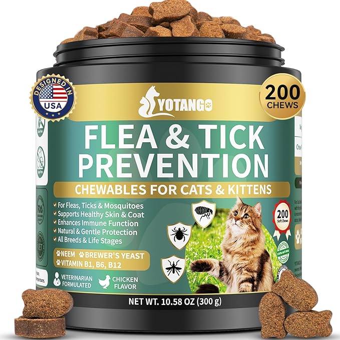 Natural Flea Treatment for Cats Chewables, 200 Soft Treats Flea and Tick Prevention for Cats, Oral Flea Supplement for Kitten Cat, Cat Flea and Tick Treatment, Skin & Coat Support - All Breeds & Ages-Mewly Pet
