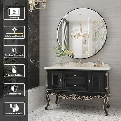 36 Inch Round LED Bathroom Mirror, Black Metal Framed Lighted Mirror for Bathroom, Wall Mouted LED Vanity Mirror with Lights, 3 Colors and Stepless Dimmable, Anti-Fog, Memory
