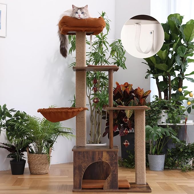 FUKUMARU Cat Tree, 4 in 1 Large Modern Cats Tower with Jute Scratching Post and Hammock, Wood Cat Condo with silvervine Balls, Brown Cat Climber Stand Playhouse for Indoor Cats, Retro Style-Mewly Pet