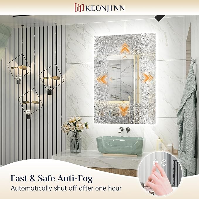 Keonjinn Bathroom Mirror with Lights 60 x 40 Inch, LED Mirror with Backlit, Anti Fog Lighted Mirror with Stepless Dimmable, UL Listed LED Driver, Waterproof, CRI90+, HD Tempered Glass