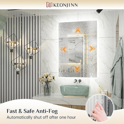 Keonjinn 24 x 32 Inch LED Bathroom Mirror with Backlit, Anti-Fog, CRI90+ HD Stepless Dimmable Mirror, High Lumen, Horizontal/Vertical Wall Mount, UL Listed Lighted Mirror, Waterproof