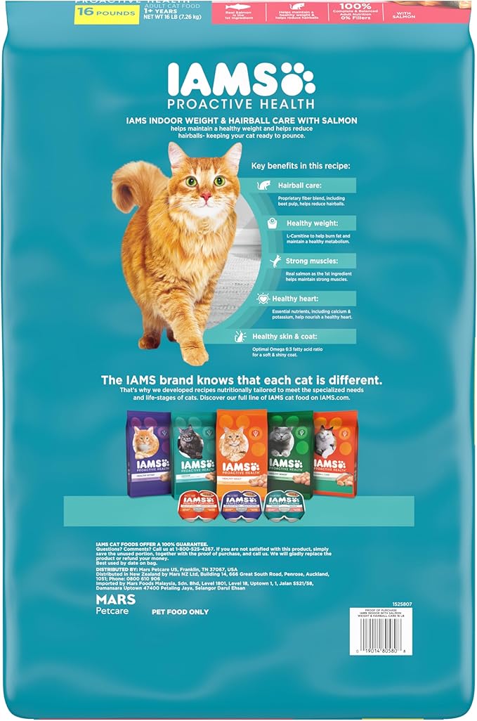 IAMS Proactive Health Indoor Weight Control & Hairball Care Adult Dry Cat Food, Salmon Recipe, 16 lb. Bag-Mewly Pet