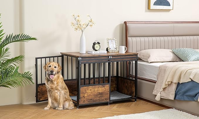 KOOPRO 40 Inch Dog Crate Furniture with Cushion for Large Medium Dogs, Wooden Heavy Duty Dog Kennel with Double Doors, Decorative Pet House Dog Cage Side End Table Indoor, Sliding Door Chew-Resistant-Mewly Pet