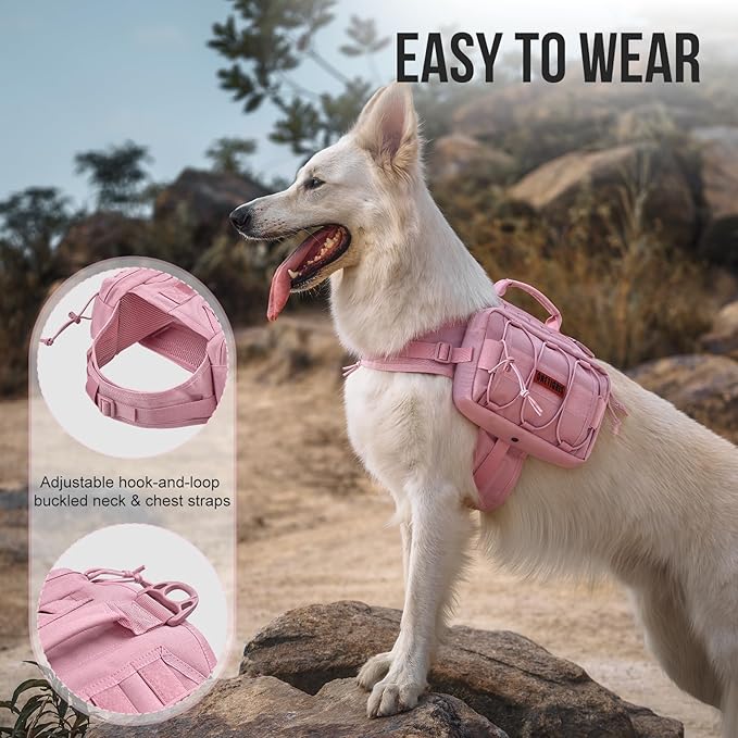 ONETIGRIS Dog Backpack for Medium & Large Dogs, Mammoth Nylon Dog Pack Tactical Backpack Harness with Side Pockets for Hiking Walking Training Running (Pink, Large)-Mewly Pet