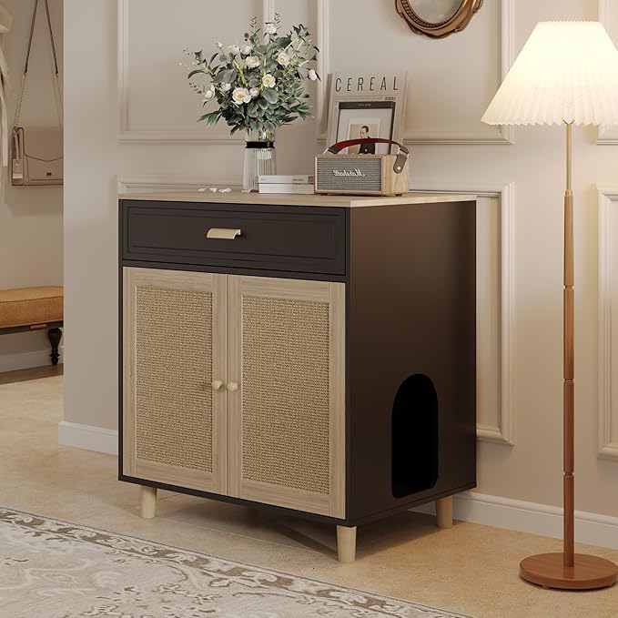 Cat Litter Box Enclosure Furniture Hidden - Indoor 2-in-1 Wooden Cat House & Washroom Cabinet with Scratching Board Doors and Drawer, 31.5”x21.6”x34.6”, Black-Mewly Pet
