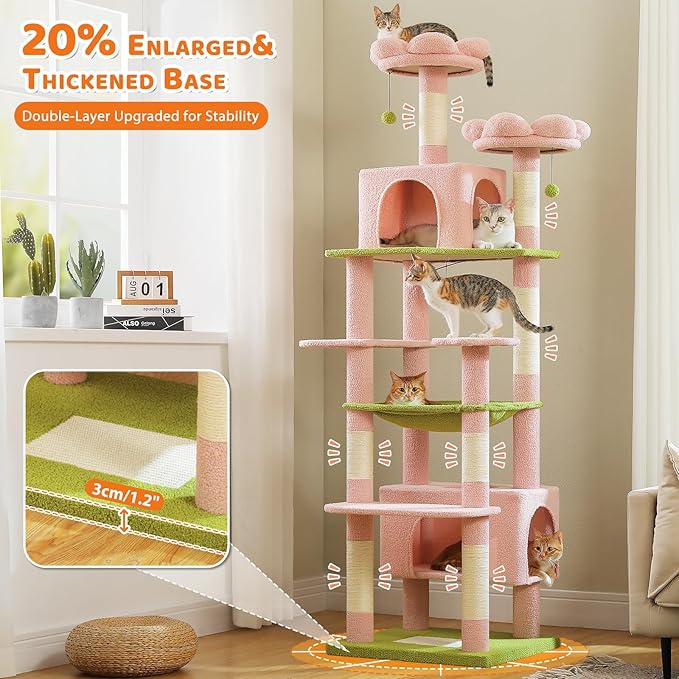 PAWZ Road Flower Cat Tree for Large Cats, 81 Inches Pink Tall Cat Tower with 2 Perches, 2 Condos and Spacious Hammock, XL Extra Large Condo with 7 Scratching Posts for 20lb+ Adult Cats-Mewly Pet