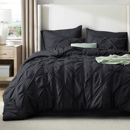 Bedsure Queen Comforter Set Black - Bed in a Bag Queen Size Bedding 7 Pieces, GentleSoft™ Pintuck Bed Set Gift for Family, Pinch Pleat All Season Comforter with Sheets, Pillowcases & Shams