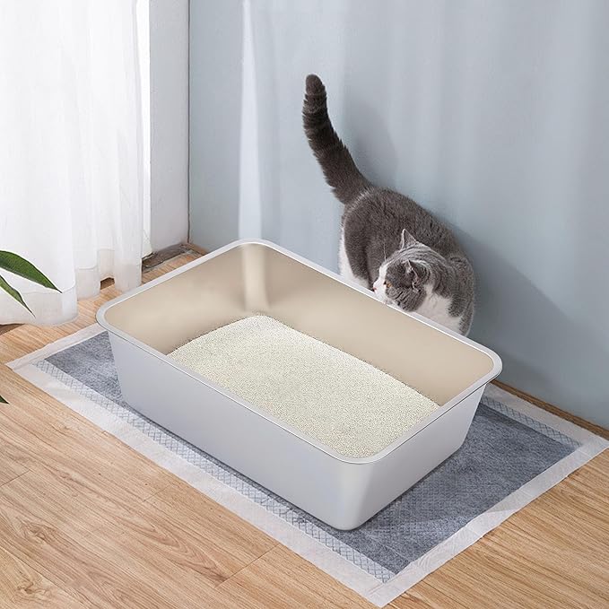 Stainless Steel Litter Box,XXL Metal Cat Litter Box for Big Cats 8IN Deep, Cat LitterBox High Sided Pet Toilet Easy to Clean,Cats Litter Pan for Adult Cats,Non Stick, No Smell-Mewly Pet