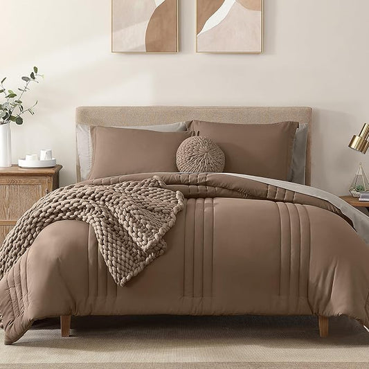 Monbix Queen Comforter Set - 7 Pieces Raw Umber Bed in a Bag Queen Bedding Sets with Comforters, All Seasons Down Alternative Comforter Bed Set with Sheets,Pillowcases & Shams