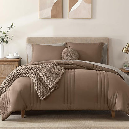 Monbix Oversized Queen Comforter Set - 7 Pieces Brown Bed in a Bag Queen Bedding Sets with Comforters, All Seasons Down Alternative Comforter Bed Set with Sheets,Pillowcases & Shams