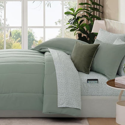 Monbix Queen Comforter Set - 7 Pieces Sage Green Bed in a Bag Queen Track Stitching Bedding Sets, All Seasons Down Alternative Comforter Bed Set with Sheets,Pillowcases & Shams