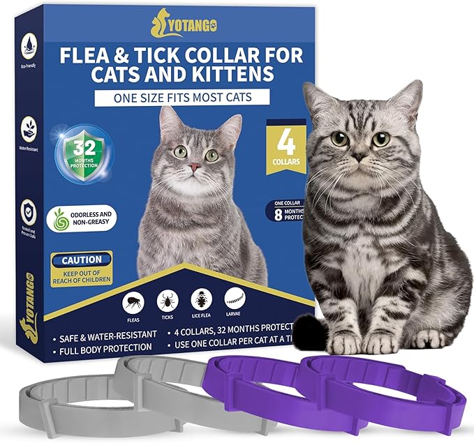 4 Pack Flea Collar for Cats, 32 Months Flea and Tick Prevention for Cats, Waterproof Cat Flea Collar, Natural Cat Flea and Tick Treatment, Adjustable Flea and Tick Collar for Cats Kittens(Grey&Purple)-Mewly Pet