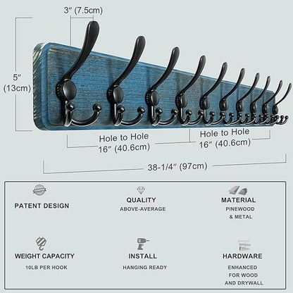 Dseap Coat Rack Wall - Heavy-duty 38-1/4" Long, with Reinforced 10 Custom Tri-Hooks, Solid Wood Wall Hanger for Coats Hat Jackets - Rustic Farmhouse Entryway Storage, Weathered Blue & Black, Pack of 2