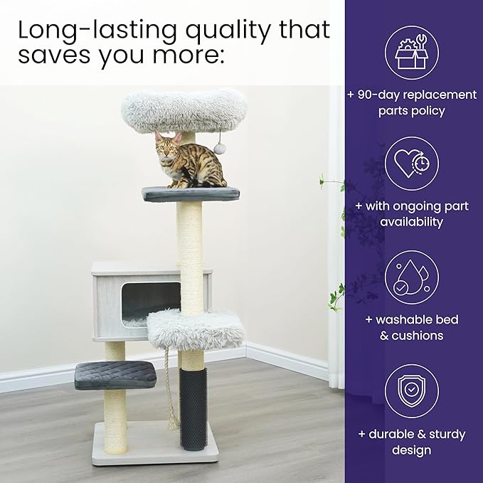 Catry Kasio 6 Level 54" High Modern Cat Tree with Laminated Wood Condo,Replaceable Scratching Posts,Removeable Washable Beds, Self Grooming Brush and Toys.(Light Gray)-Mewly Pet