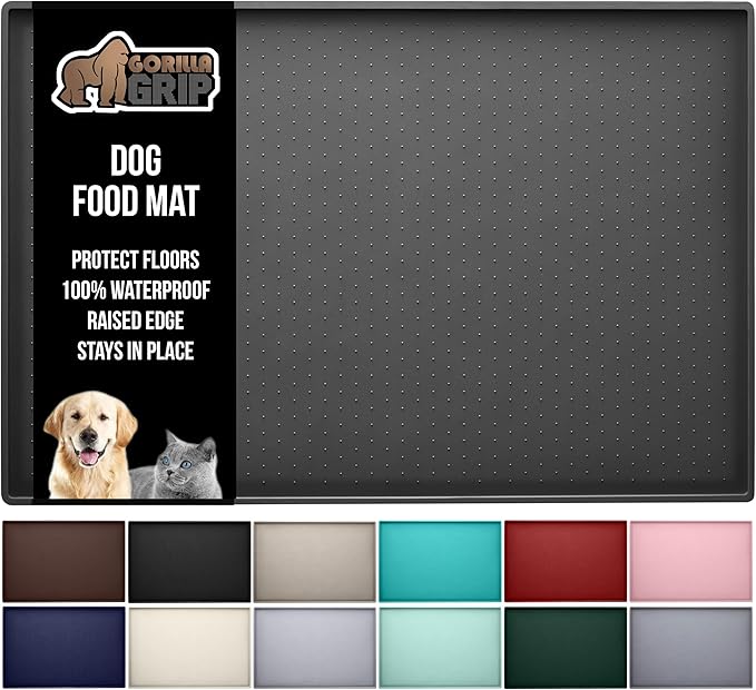 GORILLA GRIP 100% Waterproof Raised Edge BPA Free Silicone Pet Feeding Mat, Dog Cat Food Mats Contain Spills Protects Floors, Placemats for Cats and Dogs Water Bowl, Pets Accessories 16x10, Charcoal-Mewly Pet
