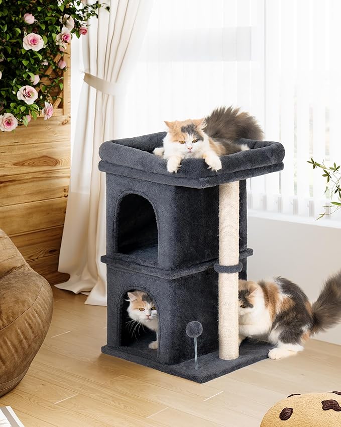 24in Cat Tree Tower with Scratching Post, 19 * 16.5in Window Perch for Large Cats, 2 Cat Condo Cubbies for Indoor Kittens, Dark Gray-Mewly Pet