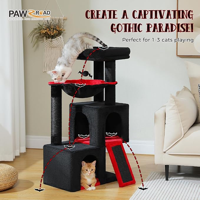 PAWZ Road Large Cat Tree, 41 Inches Gothic Cat Tower with 2 Spacious Condos for Indoor Cats, Large Black Cat House with Comfy Hammock, Padded Perch, Scratching Pad and Replaceable Balls-Black-Mewly Pet