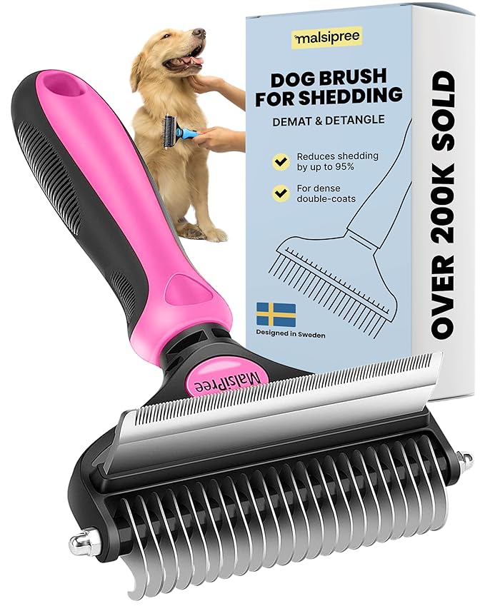 MalsiPree Dog Brush for Shedding - 2 in 1 Undercoat Rake Deshedding Tool for Medium to Large Double-Coated Dog Grooming - Pet Dematting Comb - Pet Deshedder (Pink)-Mewly Pet