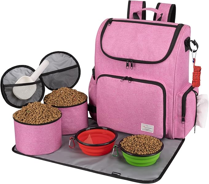 Modoker Dog Travel Bag Backpack, Airline Approved Pet Accessories Organizer for Dog and Cat with Shoulder Strap, 2 Dog Food Storage Containers, 2 Collapsible Dog Bowls,1 Pet Mat, Pink-Mewly Pet