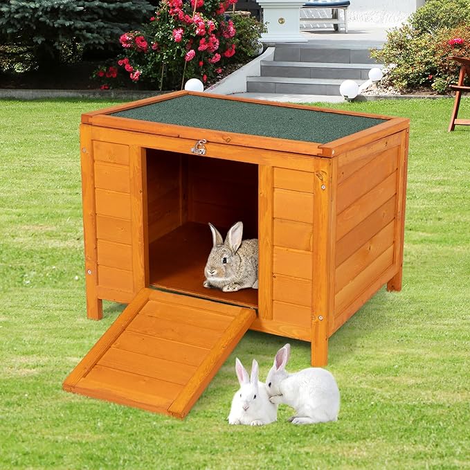 COZIWOW 24inches Wooden Catio Outdoor Cat House Small Animal House，Rabbit Hutch Indoor，Stable Weatherproof Bunny Cage Pet Shelter for Small Cat Dog Rabbit Guinea Pig(Orange)-Mewly Pet