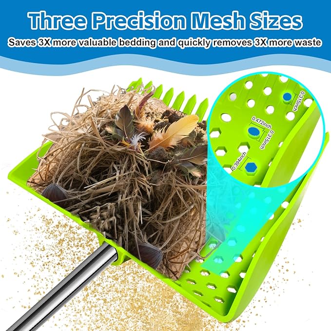 12-Inch 2-in-1 Chicken Poop Scooper & Rake – US Patent Pending – 3-Shape Sifting Holes Chicken Coop Rake，Stainless Steel Handle （20–61"）– Litter Scoop Sand & Sifting Shovel for Chicken Coops(Green)-Mewly Pet