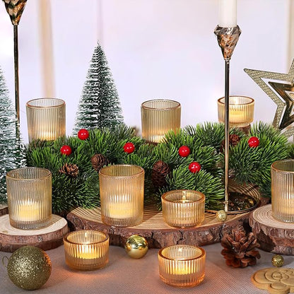 20pcs Ribbed Gold Votive Candle Holders, Assorted Tea Light Candle Holder Glass for Wedding Table Decor, Gold Candle Holders for Table Centerpieces, Diwali, Brithday, Party and Holiday Decor