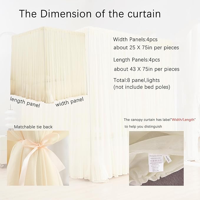 Akiky Ivory Canopy Bed Curtains with Lights 8 Panel Canopy Curtains Drapes for Twin Size Bed Large Rod Pocket Sheer Canopy Bed Drapes