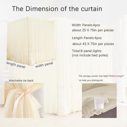Akiky Ivory Canopy Bed Curtains with Lights 8 Panel Canopy Curtains Drapes for Twin Size Bed Large Rod Pocket Sheer Canopy Bed Drapes