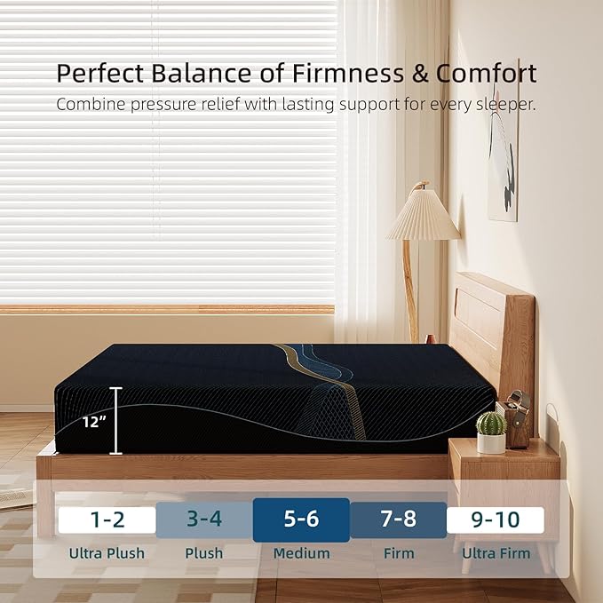 Crystli Full Mattress 12 Inch, Gel Memory Foam Full Size Mattresses, Activated Charcoal Infused, Medium Firm Bed Mattress in a Box for Pressure Relief, Fiberglass-Free, CertiPUR-US Certified, Black