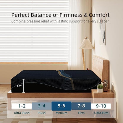 Crystli Full Mattress 12 Inch, Gel Memory Foam Full Size Mattresses, Activated Charcoal Infused, Medium Firm Bed Mattress in a Box for Pressure Relief, Fiberglass-Free, CertiPUR-US Certified, Black
